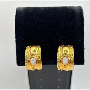 Danecraft Vintage Gold Plated Genuine Opal Clip On Huggie Wide Hoop Earrings